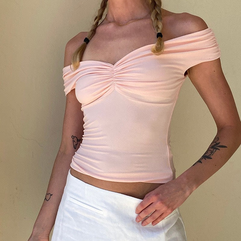 Women Clothing Spring Summer off Shoulder Wrinkle Front Chest Top Sexy off Shoulder Pure Sexy Vest Women