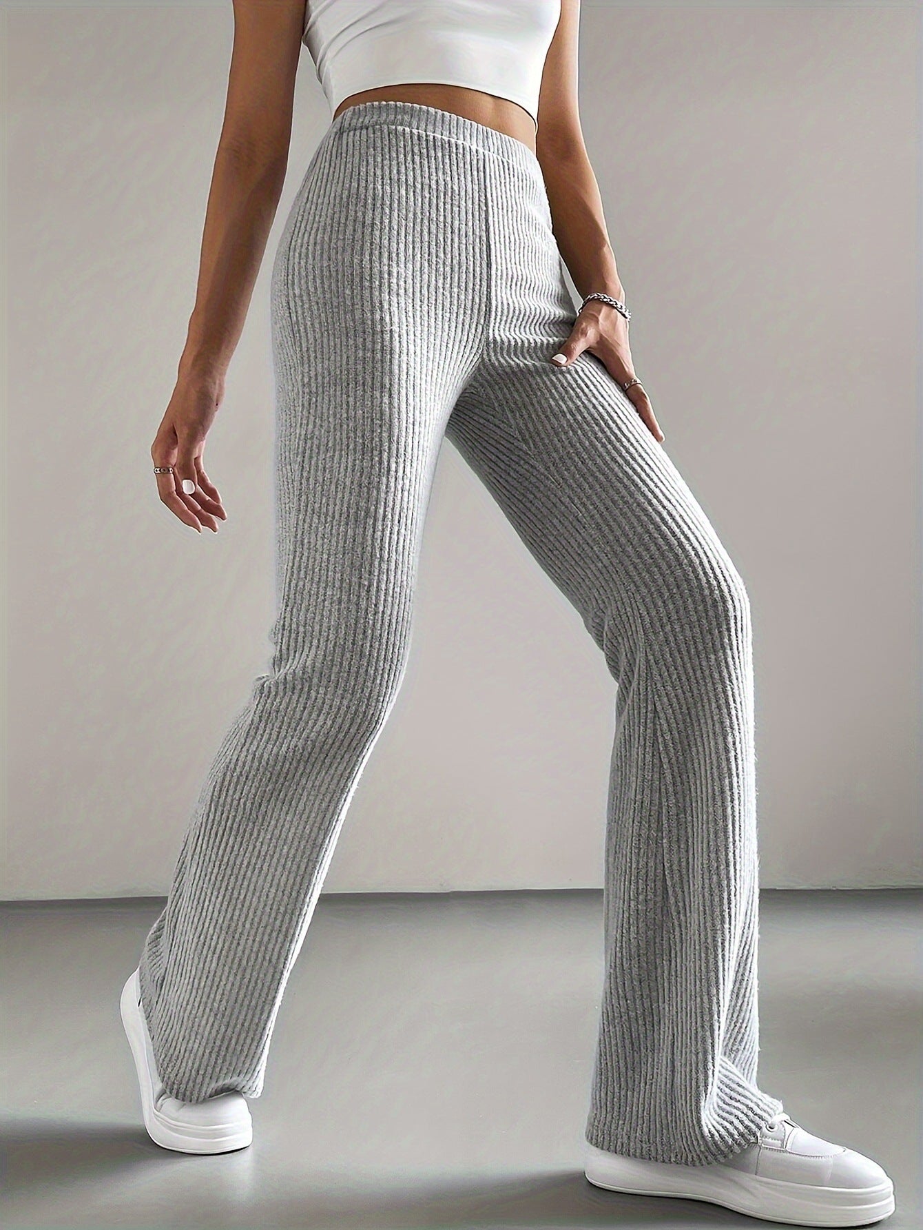 Bell Bottom Pants Women Autumn Solid Color Casual Pants Rib Knitted Fashionable All Match Slim Fit Women Pants