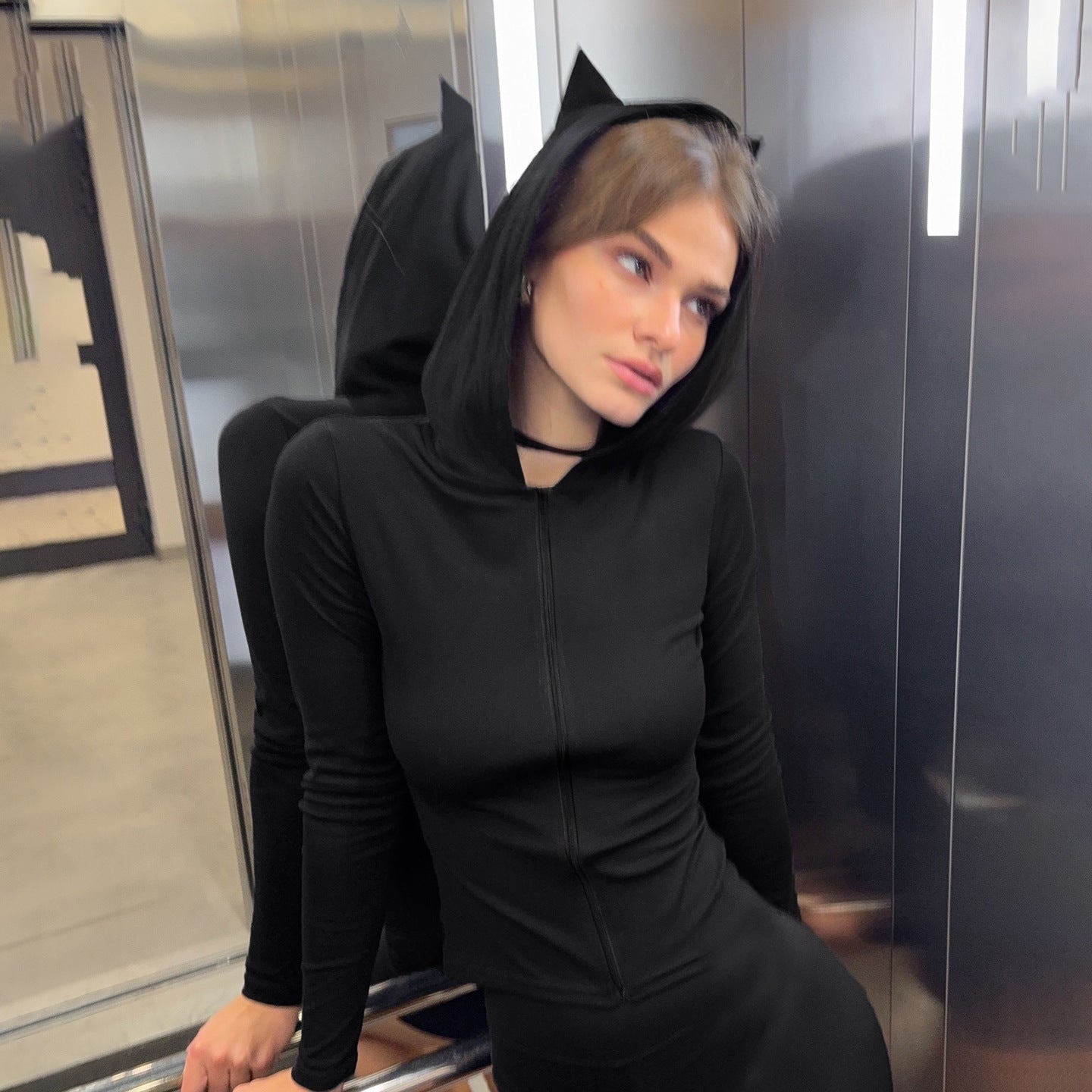 Sexy Little Devil Zipper Hooded Sweater Women Street Solid Color Slim Fit All Match Jacket