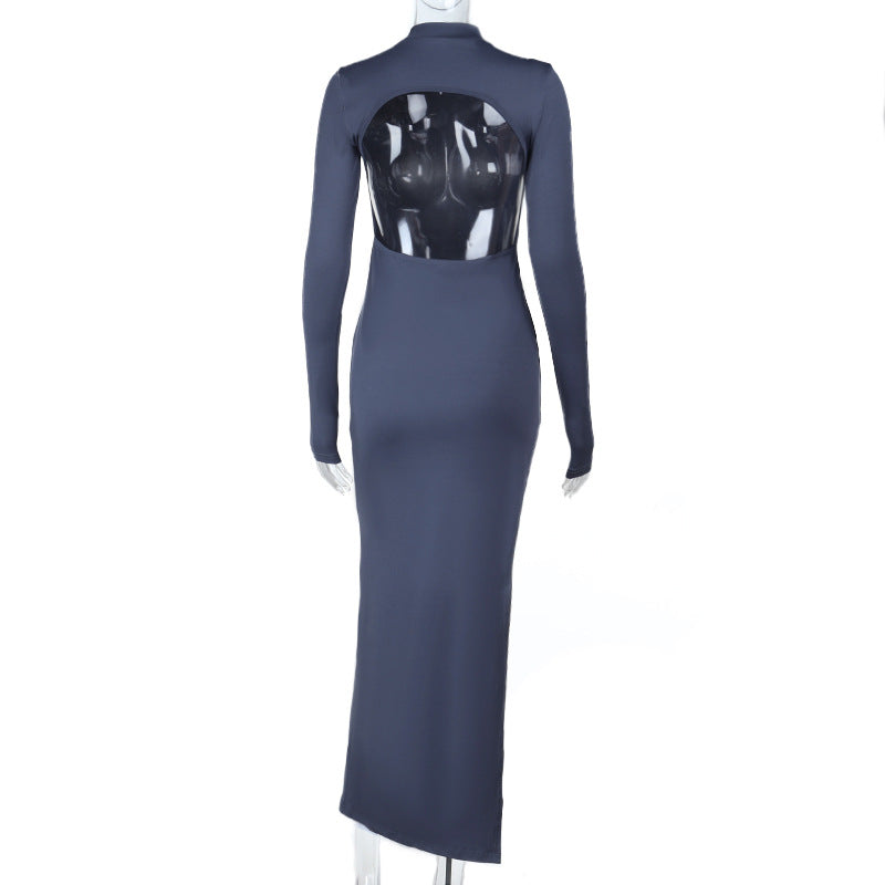 Half Turtleneck Sexy Backless Slim Fit Split Long Sleeve Dress Women Autumn Maxi Dress