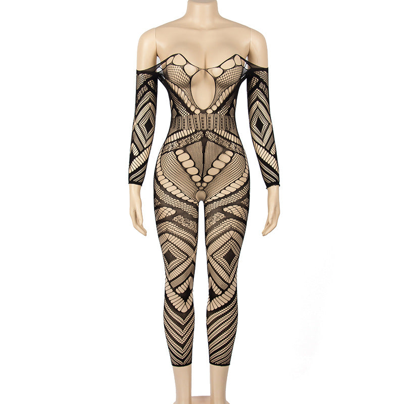 Summer Sexy Temptation Sheer Mesh Long Sleeve Sheath Jumpsuit