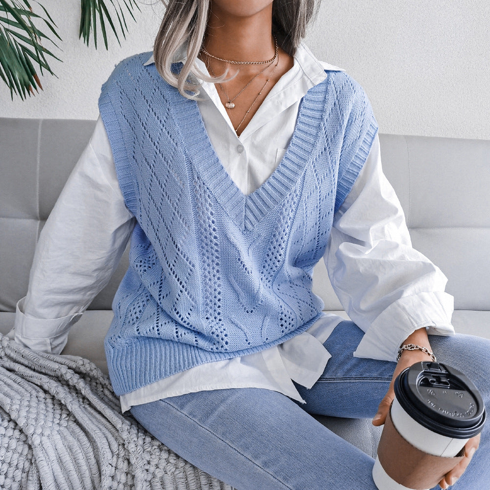 Autumn Winter Cutout Twist V neck Knitted Vest Sweater Women Clothing