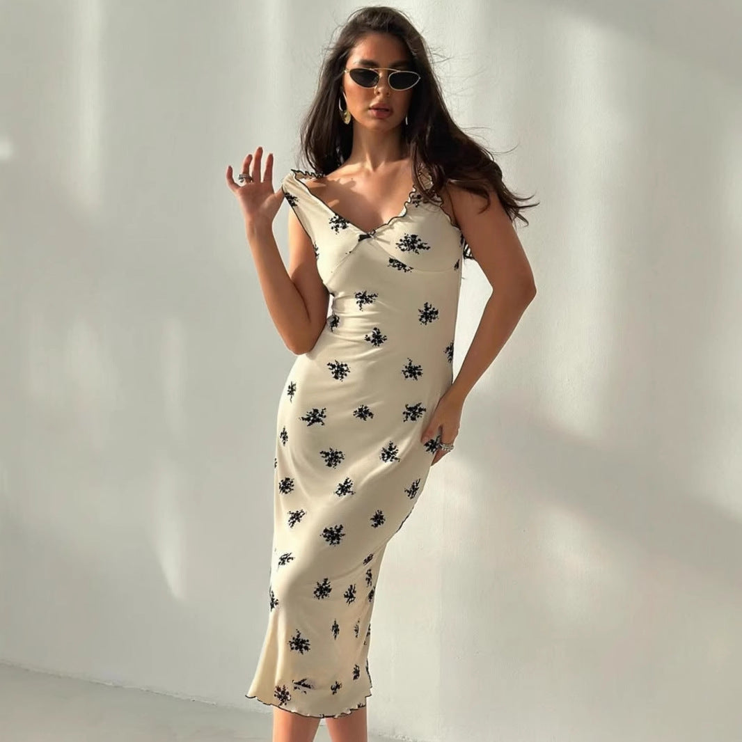 Summer French Sexy Bow V neck Strap Women Slim Hip Dress