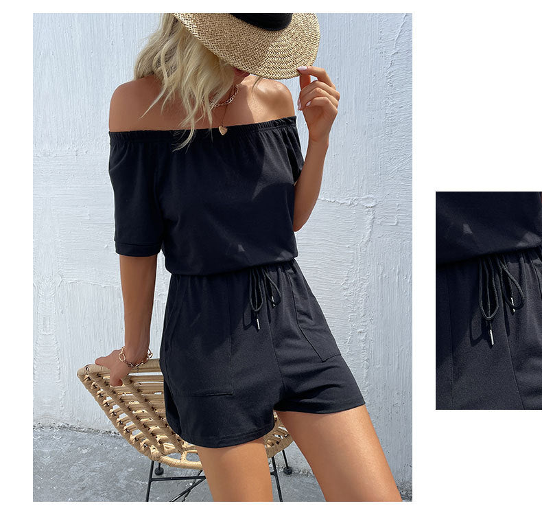 Women Wear Black Strapless Short Sleeve off Shoulder Jumpsuits