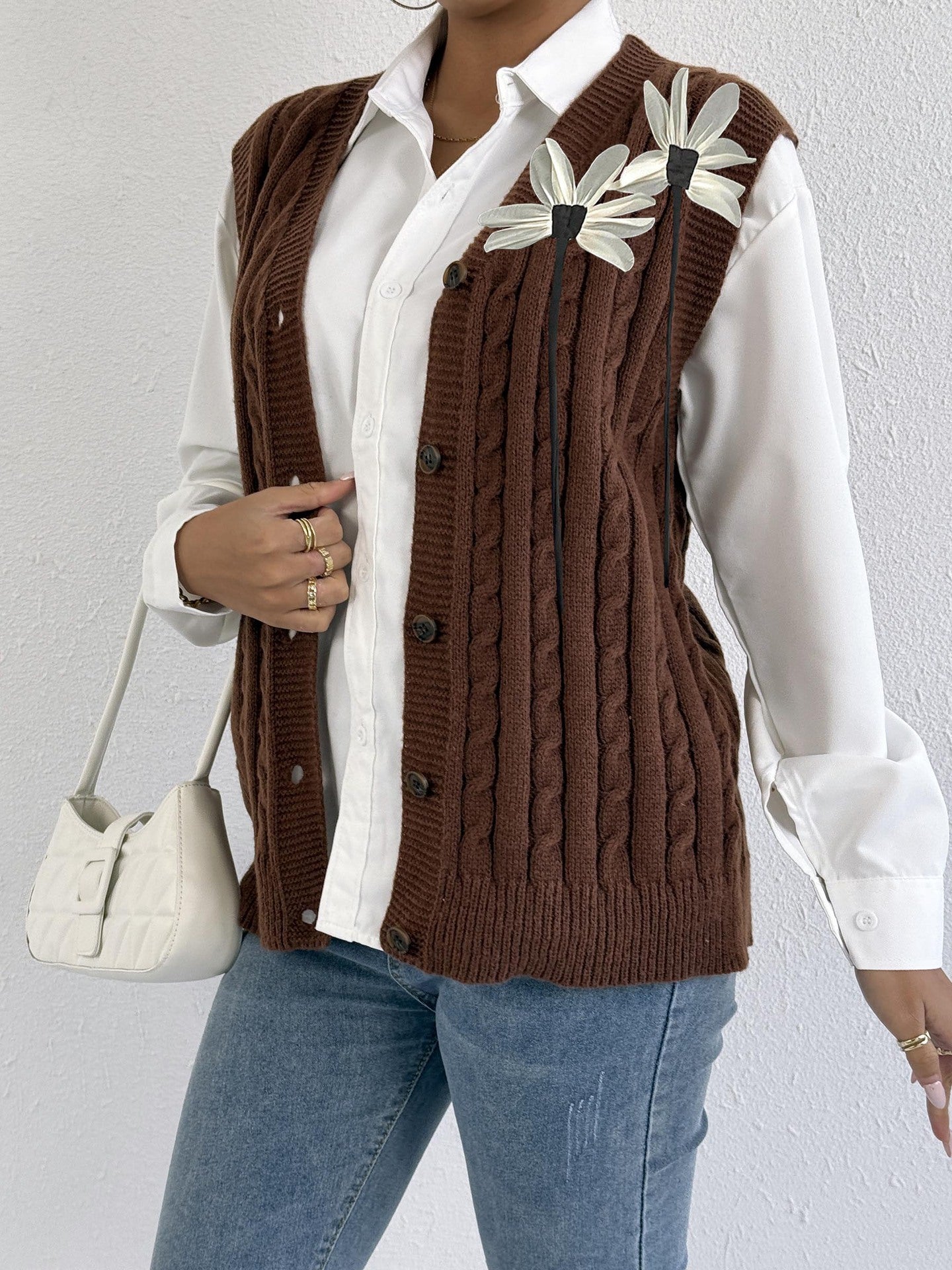 Women Knitted Cardigan Autumn Winter Women Clothing Casual Outerwear Vest Twist Woven Sweater Three Dimensional Floral Stitching Vest