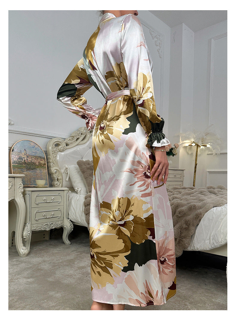 Sexy Long Pajamas Women Long Sleeve Women Bathrobe Comfortable Satin Printed Nightgown Home Wear