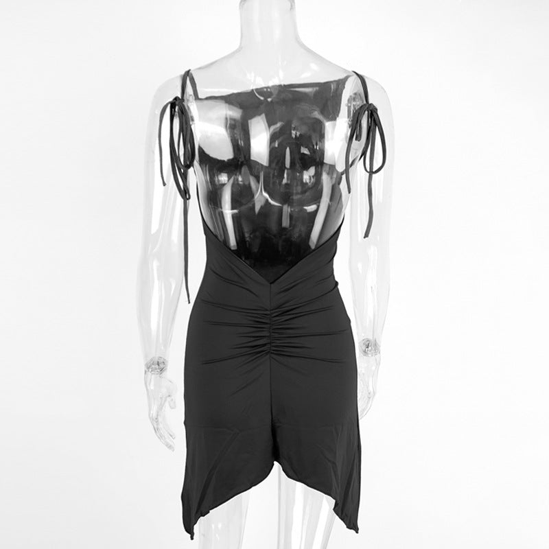 Women Clothing Summer Sexy Backless Irregular Asymmetric Pleated Straps Diagonal Collar Dress
