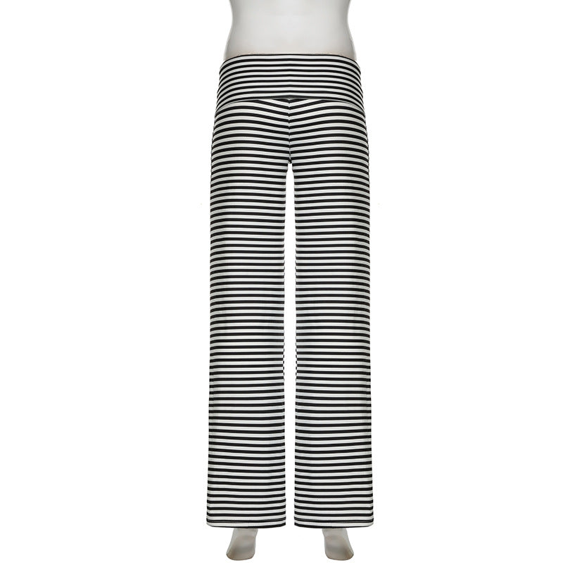 Casual Women Clothing Turn over Waist Striped Color Matching Straight Wide Leg Pants Home Comfortable Loose Trousers