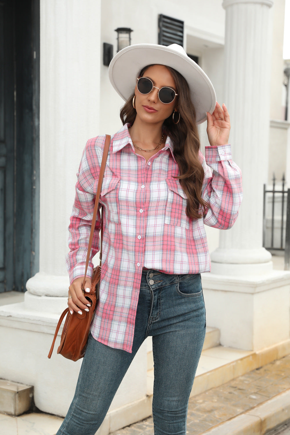 Women Long Sleeved Plaid Button Shirt Full Color Uniform Size Jacket