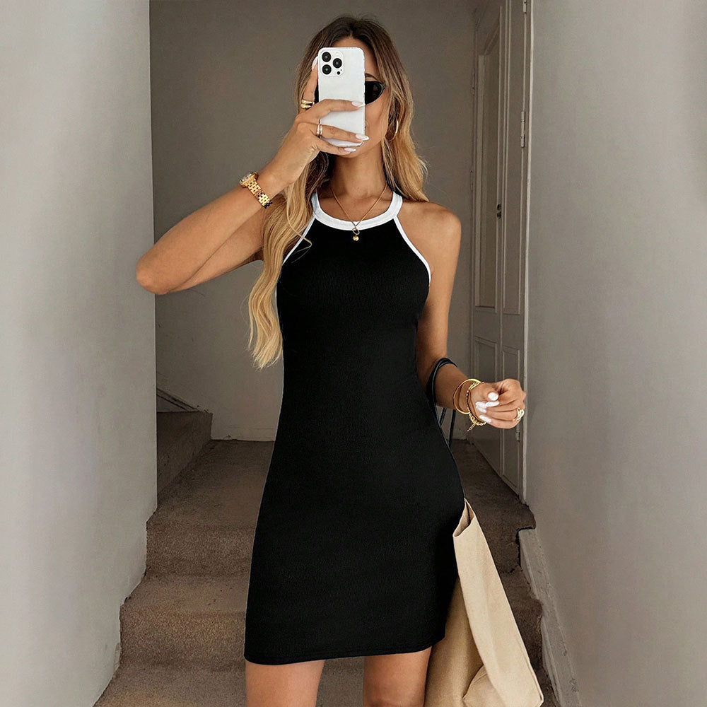 Women Black Color Matching Stitching Sleeveless Cotton Dress Summer round Neck Slim Vest Short Dress