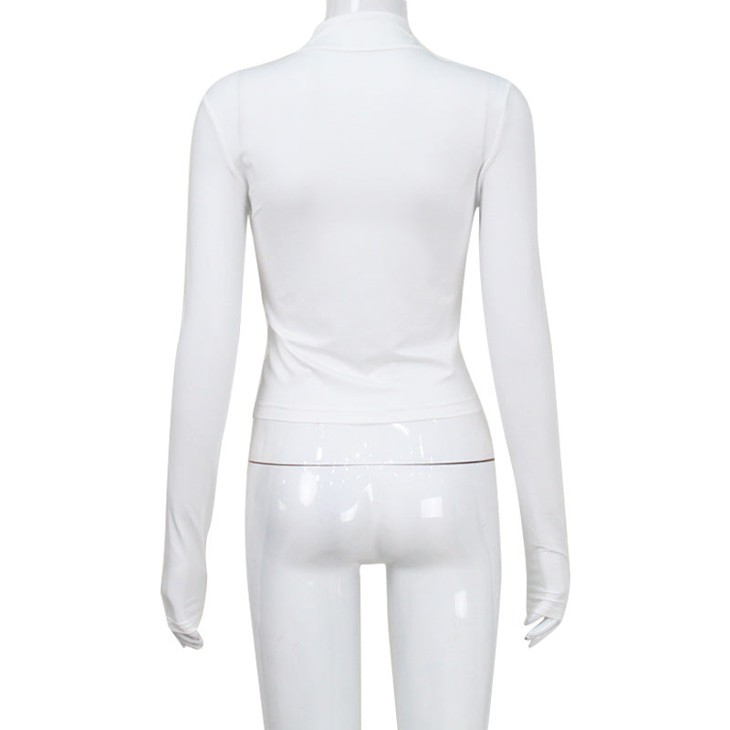 Women Long Sleeve Half Turtleneck Zipper Cardigan Short Tight Sexy Slim Top T shirt