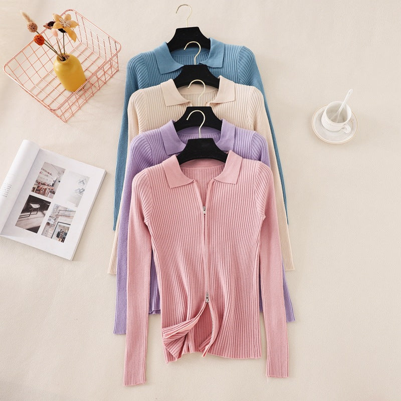 Knitted Bottoming Solid Color Slim Fit Top Long Sleeve Polo Collar Women Short Sweater Autumn Winter Cardigan