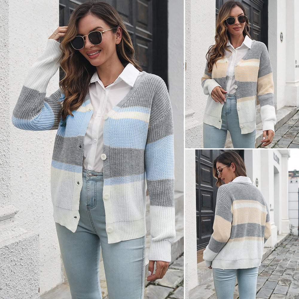 Striped Color Matching Breasted Loose Knitted Cardigan Sweater Women Autumn Winter Women Clothing Sweater