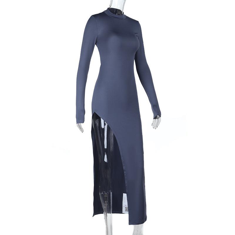 Half Turtleneck Sexy Backless Slim Fit Split Long Sleeve Dress Women Autumn Maxi Dress