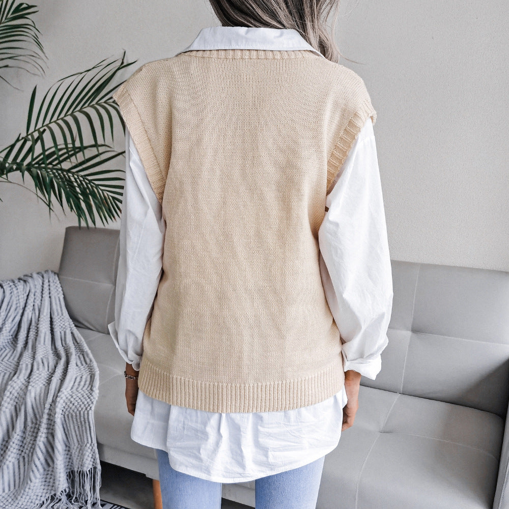 Autumn Winter Cutout Twist V neck Knitted Vest Sweater Women Clothing