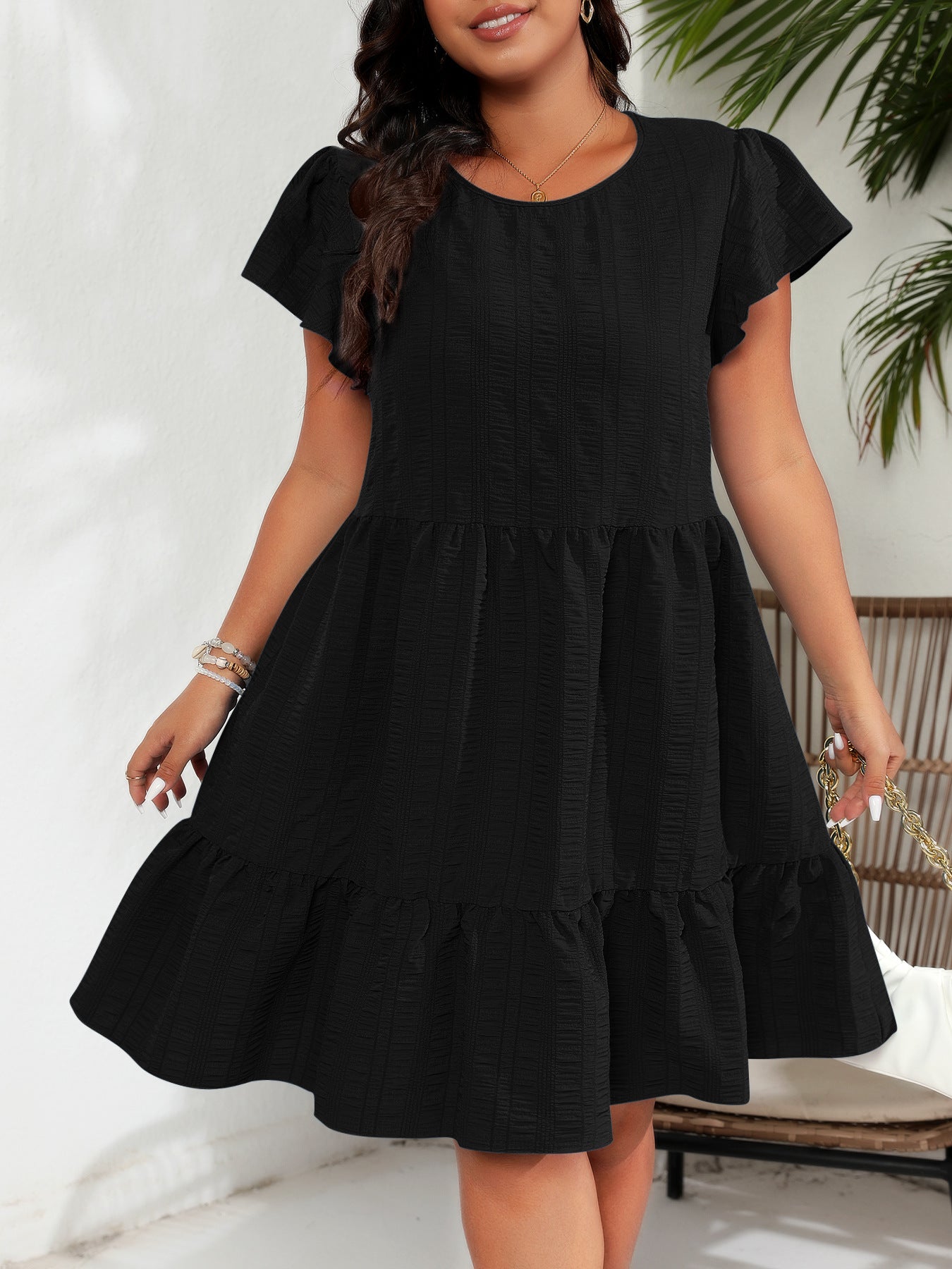 Plus Size round Neck Ruffle Sleeve Waist Tight Vacation Casual Dress