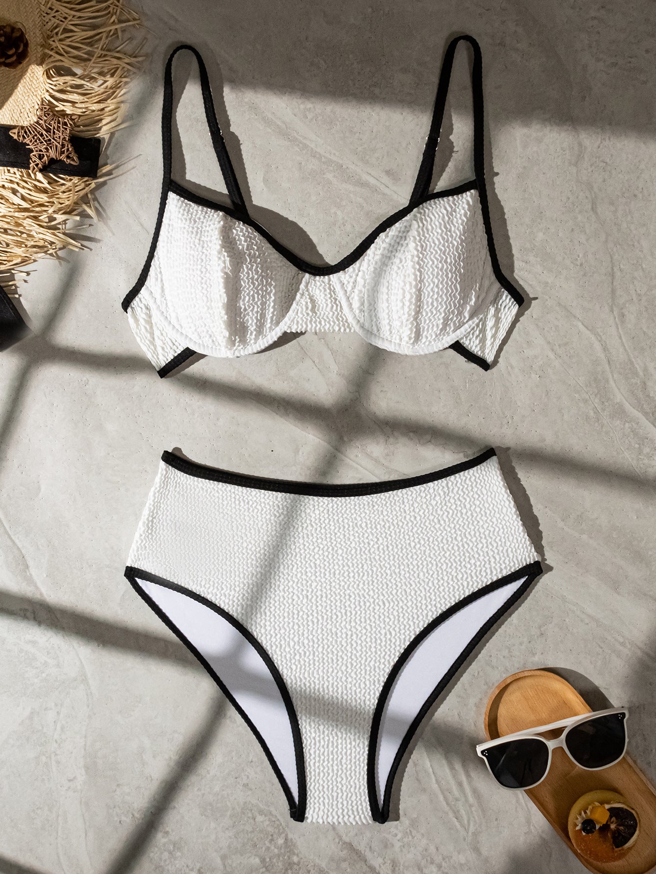 Women Seperated Swimwear Steel Bracket Contrast Color Wave Pattern Simple Bikini Swimsuit Bikini