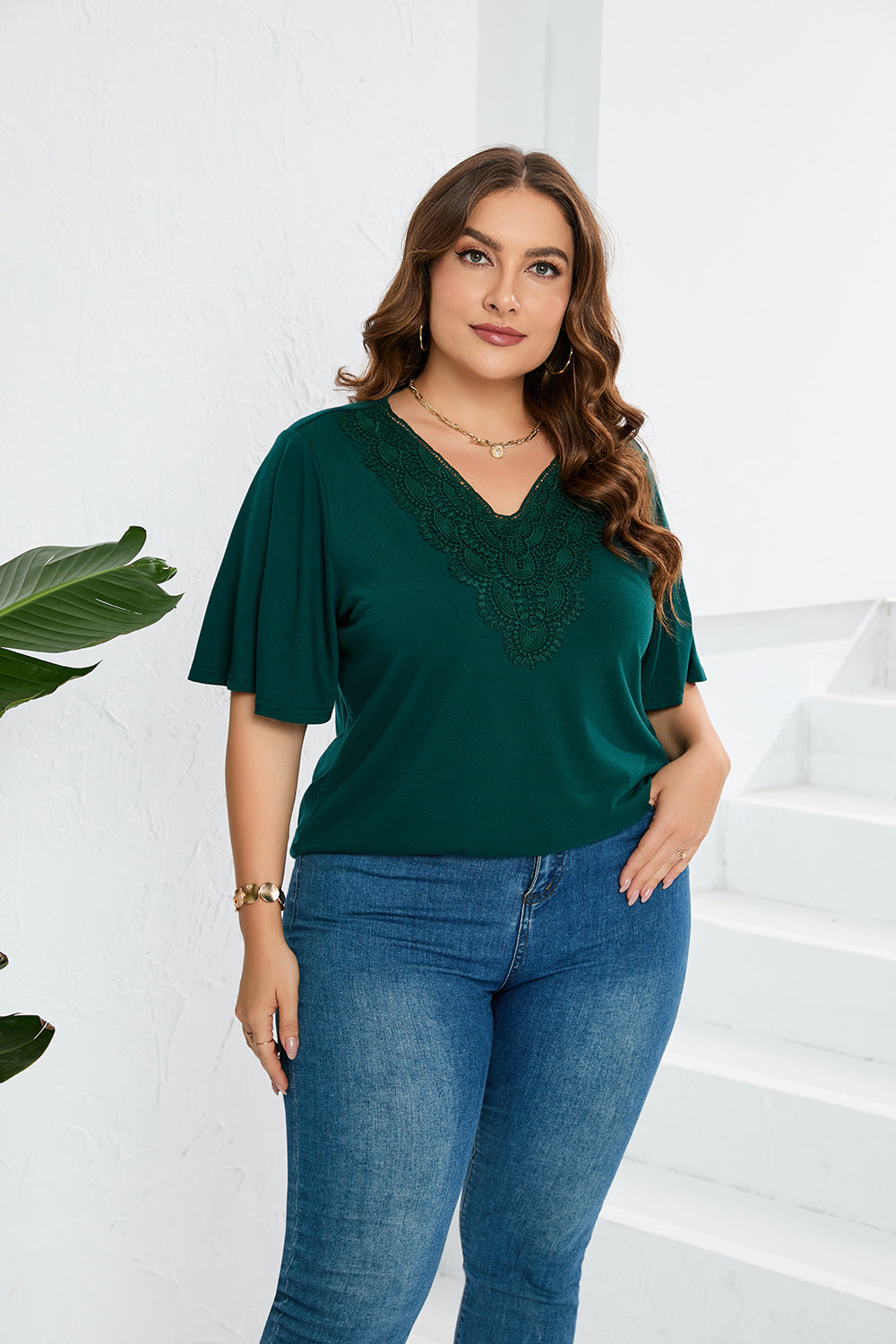 Plus Size Women Clothes Flared Sleeves Short Sleeved T Shirt Lace Patchwork Top Women Clothing