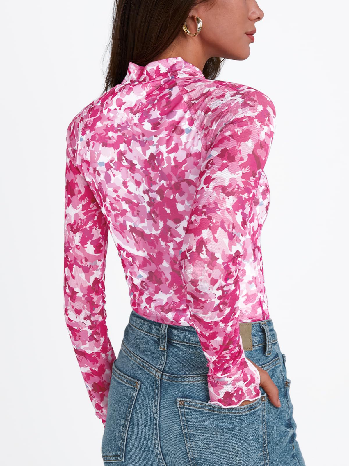 Women Half High Collar Long Sleeves T shirt Sexy Mesh Floral Print Top