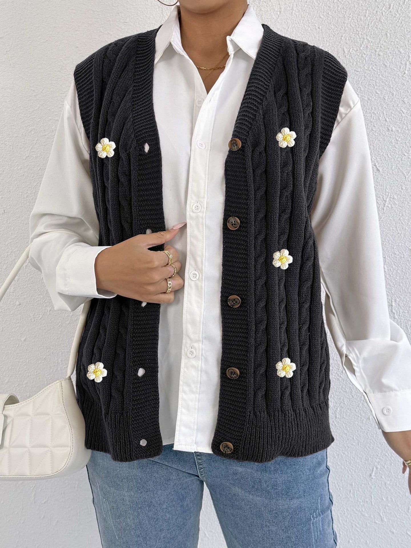 Women Knitted Cardigan Autumn Winter Women Clothing Casual Outerwear Vest Twist Woven Sweater Three Dimensional Floral Stitching Vest