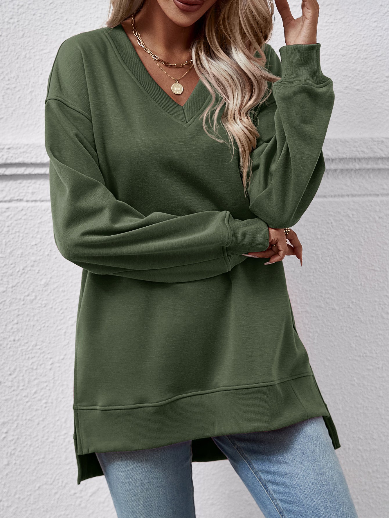 Autumn Winter Women Clothing Sweatshirt Solid Color V Neck Split Front Short Back Long Blouse