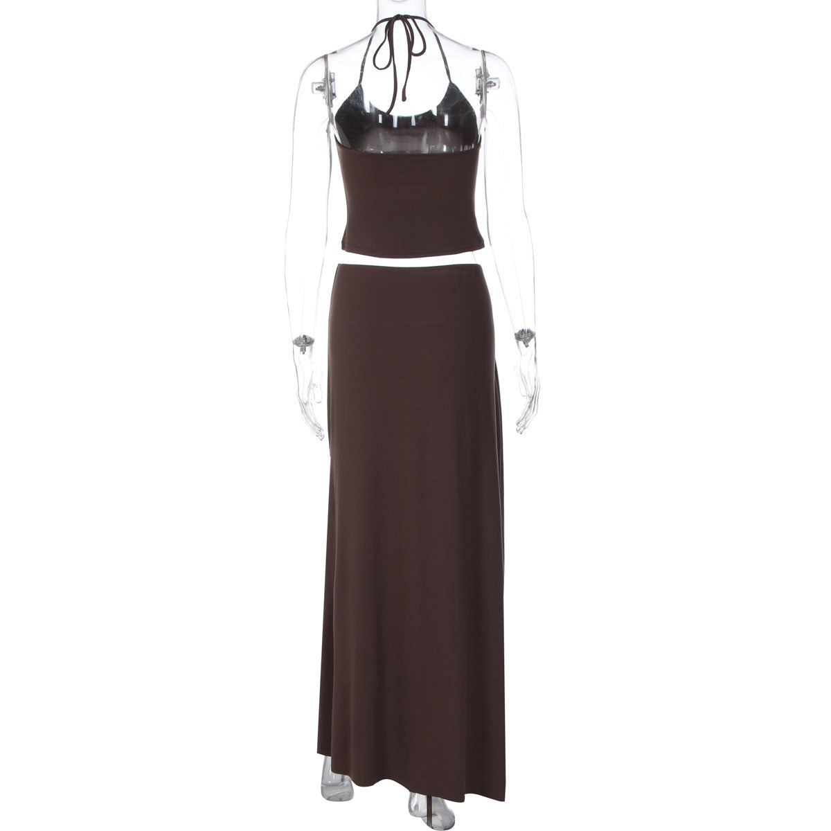 Autumn Close Fitting Sexy Halter Small Sling Irregular Asymmetric Solid Color Maxi Dress Two Piece Sets Women