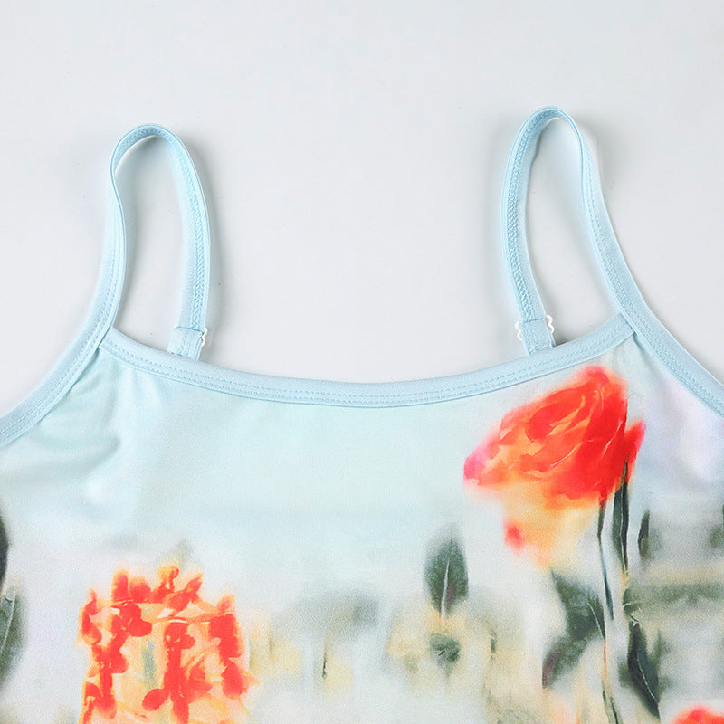 Vacation Skirt Two Piece Retro Sunset Tie Dye Printed Tube Top Dress Sling Mid Length Skirt Set