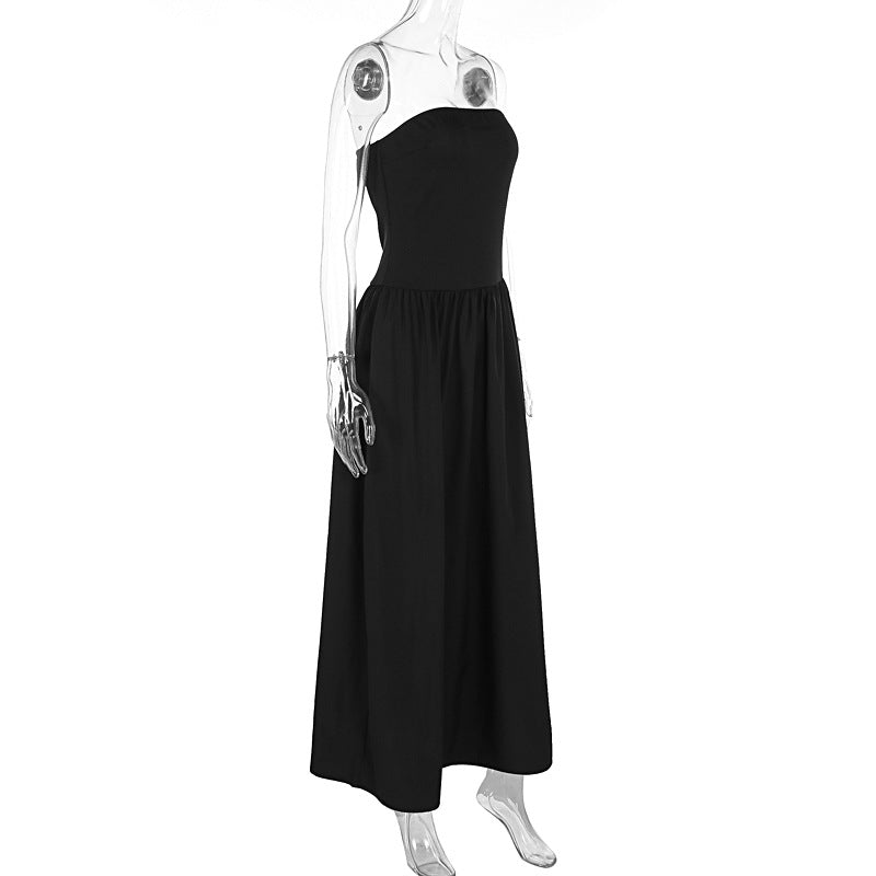 Women Clothing Summer Wrapped Chest Sexy Slimming Beam Waist Pleated A line Dress