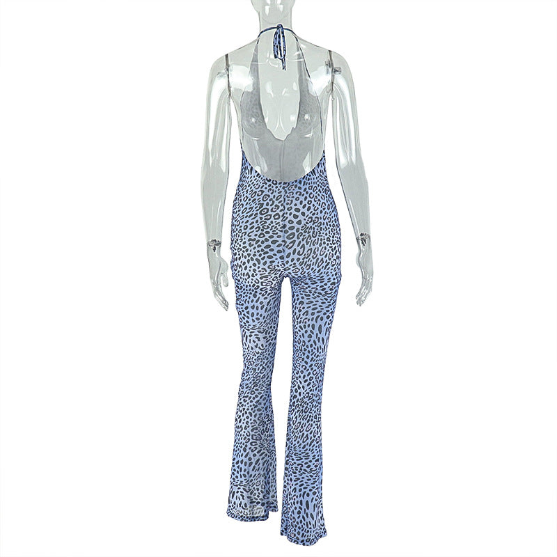 Leopard Print Women Wear Print Micro Transparent Niche Jumpsuit Halter U Collar Sheath Jumpsuit