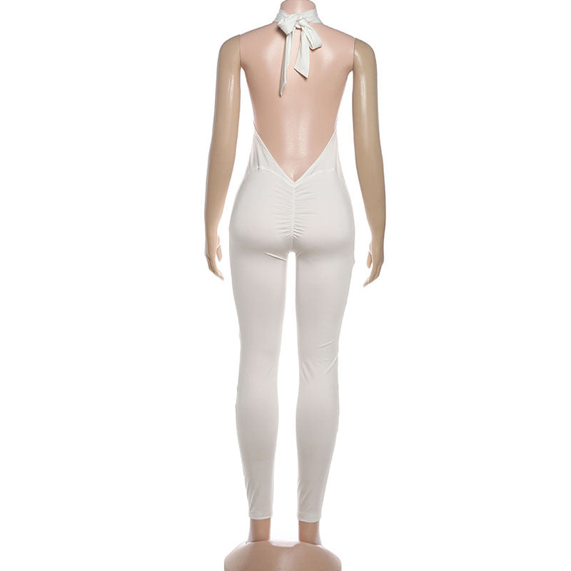 Autumn Winter Sexy Backless Halter Lace up Hip Raise Skinny Jumpsuit Women Clothing