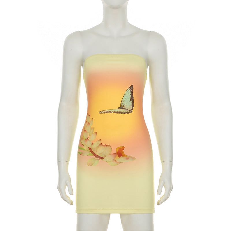 Women Clothing Summer Sleeveless Sexy Strapless Dress Butterfly Floral Print Hip Dress