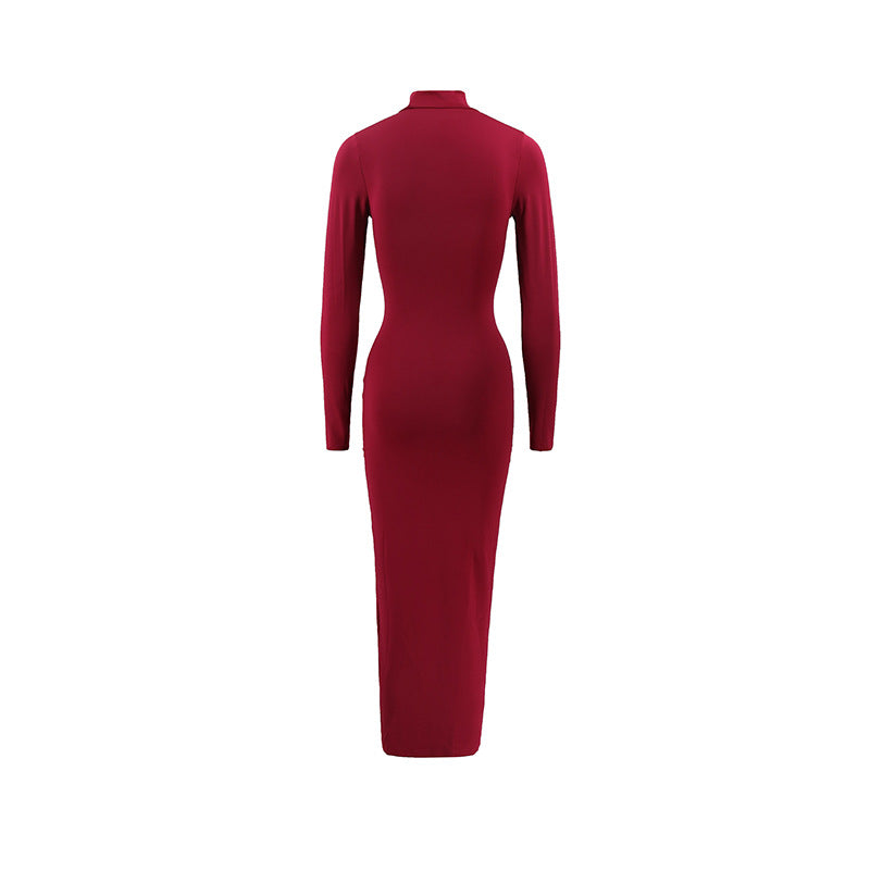 Autumn Elegant Socialite Private Clothes Stand Collar Long Sleeve Slim Sheath Split Dress Delivery