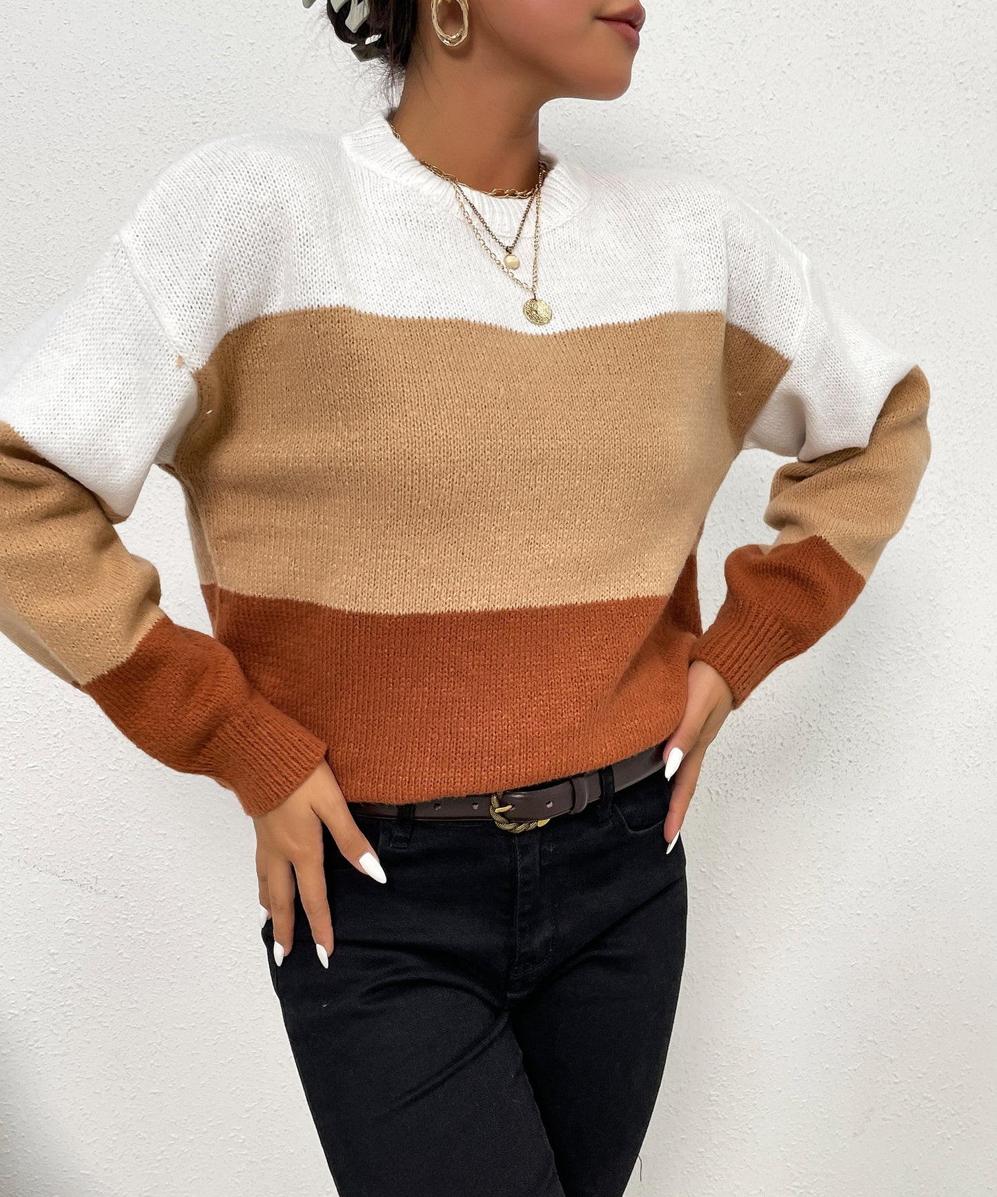 Vietnam Autumn Winter Casual Loose Gradient Color round Neck Striped Contrast Color Sweater Women