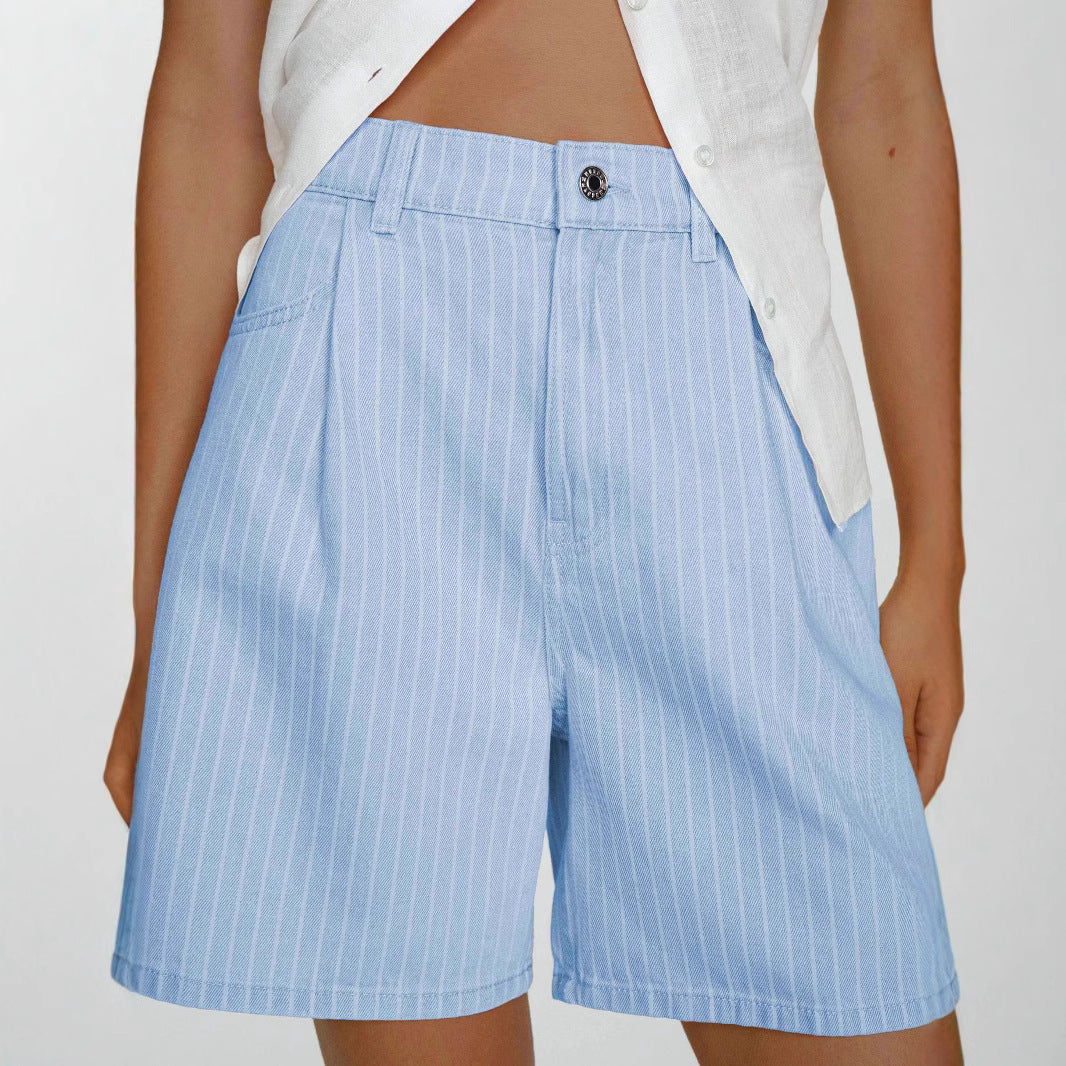 Casual Striped Loose High Waist Denim Shorts Women Jeans