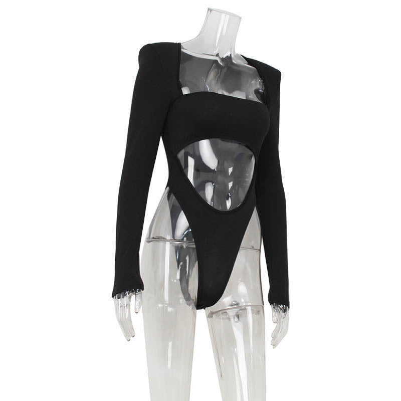 Women Clothing Sexy Long Sleeve Tube Top Hollow Out Cutout Design High Waist Padded Shoulder Women Jumpsuit
