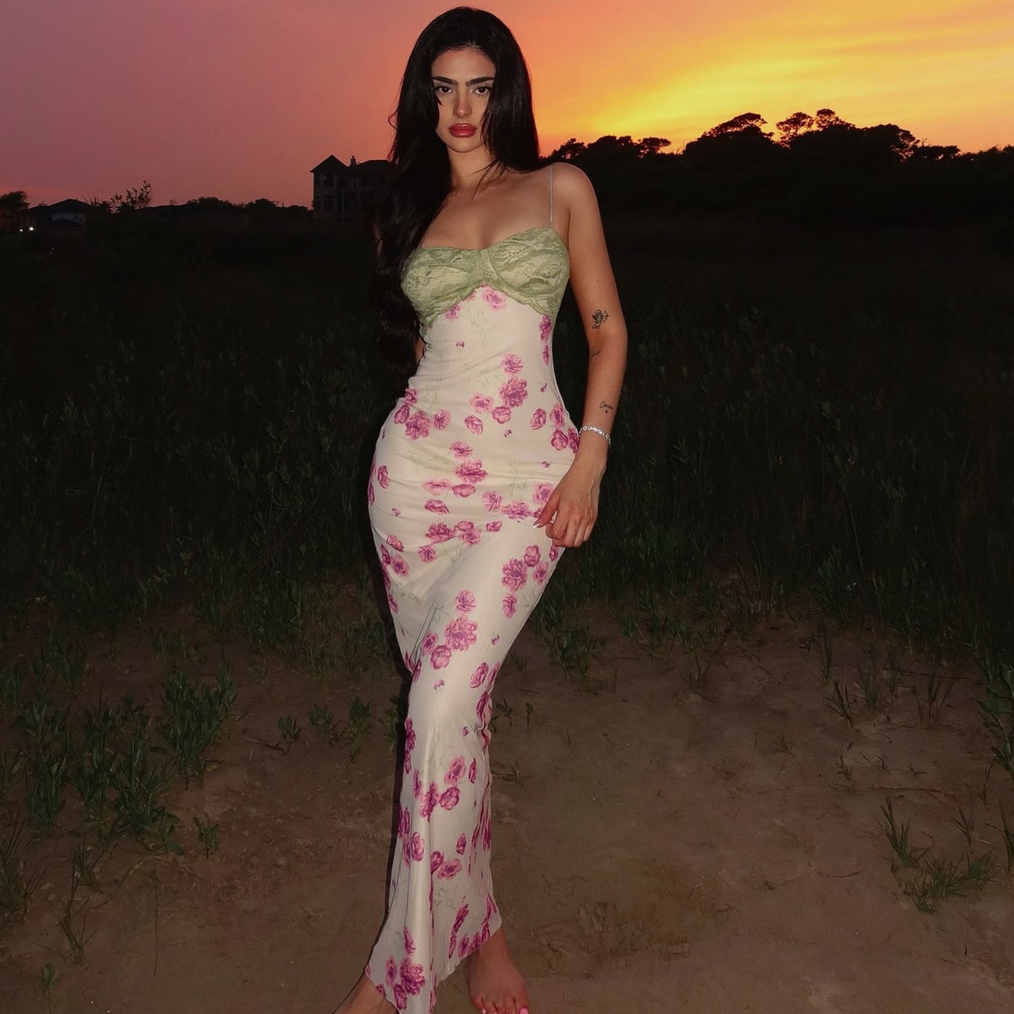 Summer Women Printed Lace Stitching Sexy Slim Hip Spaghetti Straps Dress