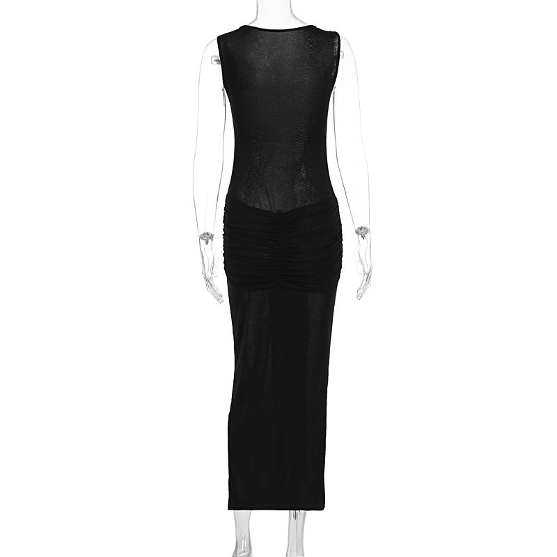 Summer Women Clothing Sexy Solid Color round Neck Slim Slimming See through Dress
