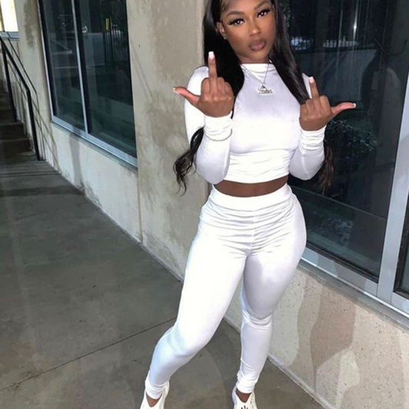 Women Clothing Autumn Simplicity round Neck Long Sleeve Top Low Waist Hip Wrapped Tight Trousers Two Piece Sets