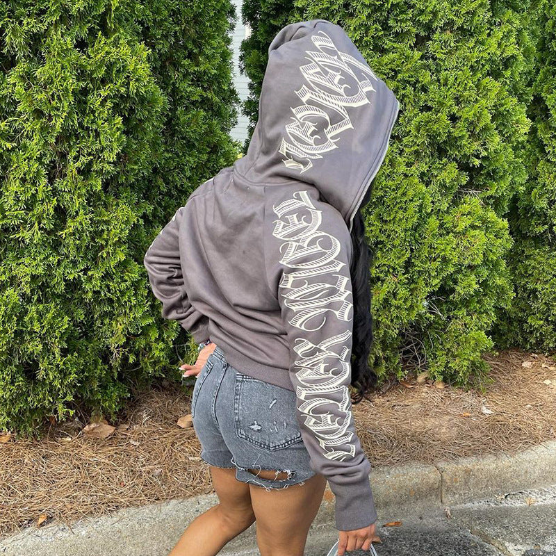 Women Wear Autumn Solid Color Letter Graphic Printing Ke Peng Hooded Long Sleeve