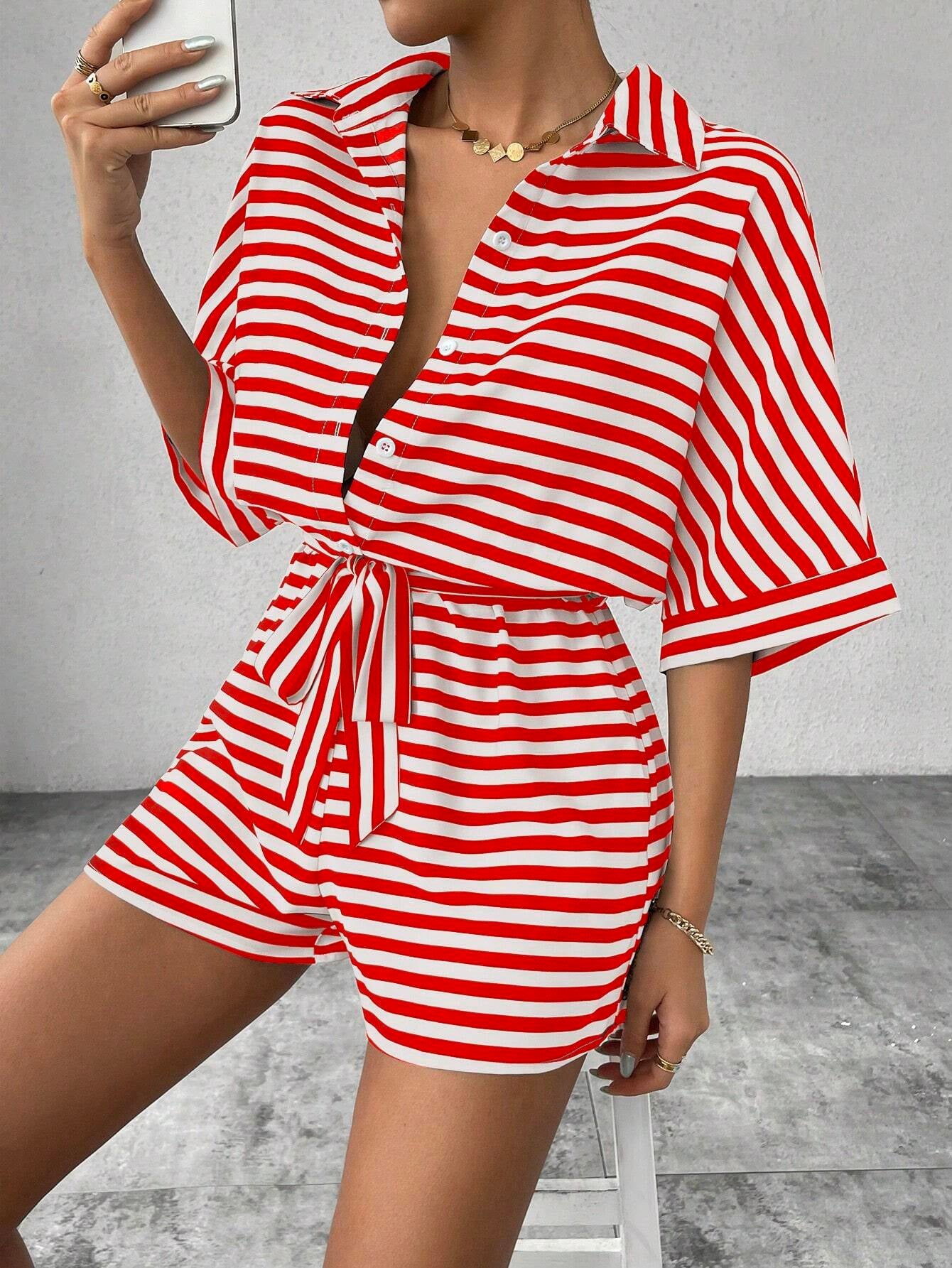 Summer Women Clothing Striped Collared Cardigan Button Half Sleeve Shorts Jumpsuit