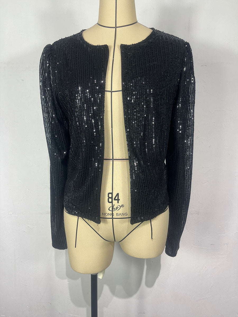 Women Autumn Round Neck Long Sleeve Solid Color Cardigan Casual All Match Sequin Coat