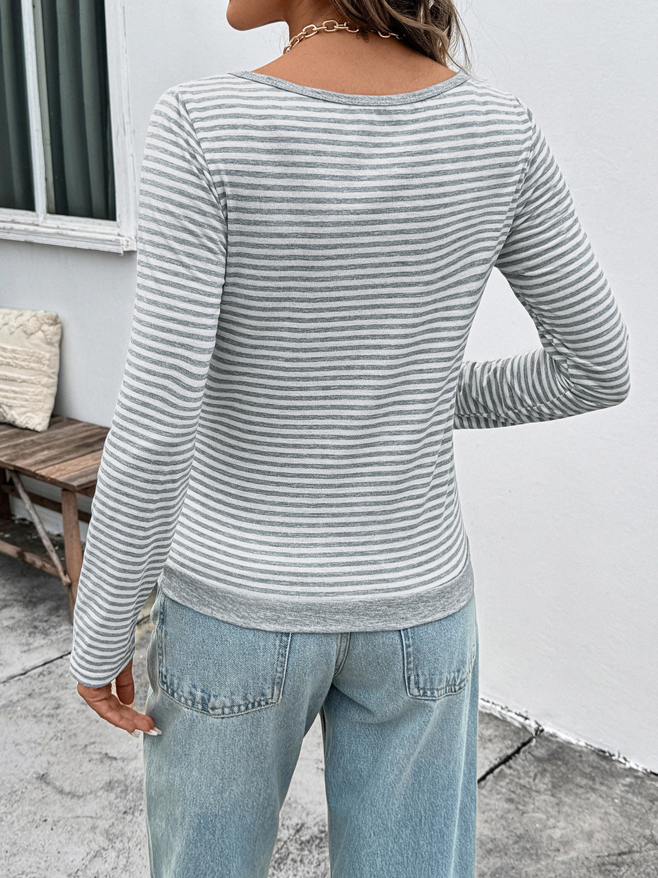 Autumn Casual Simple Top Long Sleeve Faux Two Piece Small V neck Striped T shirt Women