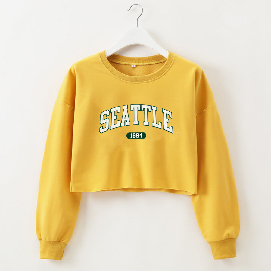 Women Clothing Autumn Winter Seattle Letter Graphic Printing Short Loose Long Sleeves Sweatshirt