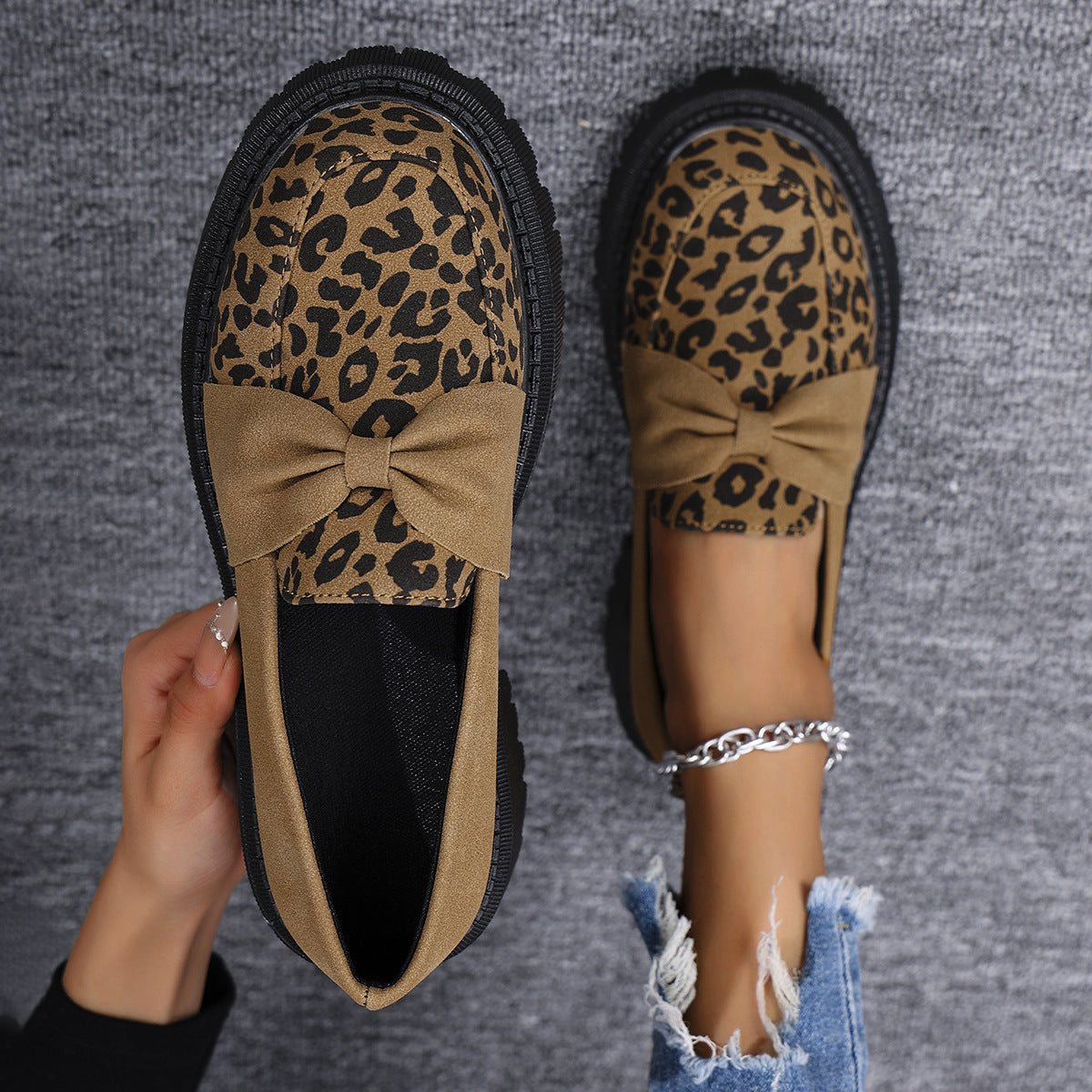Leopard Print Color Matching Platform Shoes Women Retro Mid Mouth Slip on Loafers