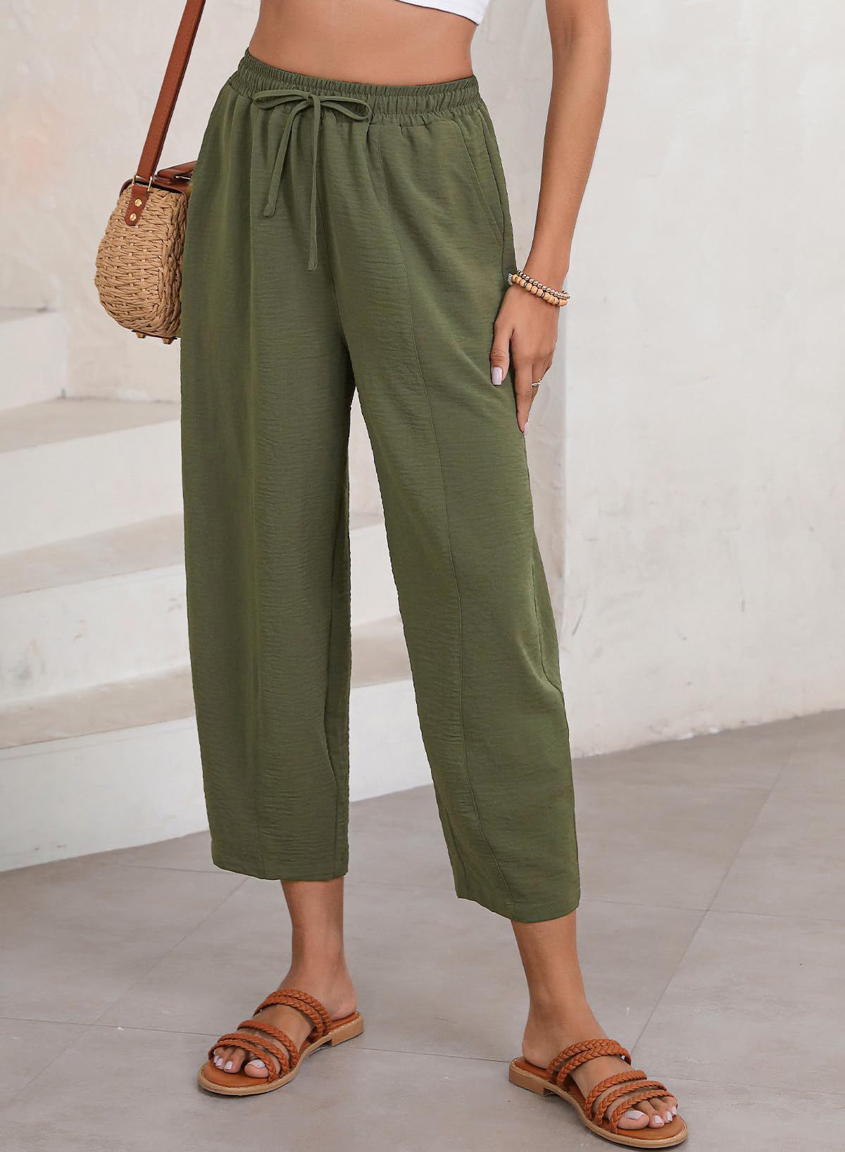 Women Clothing Spring Summer High Waist Loose Vacation Casual Drawstring Pocket Cropped Pants
