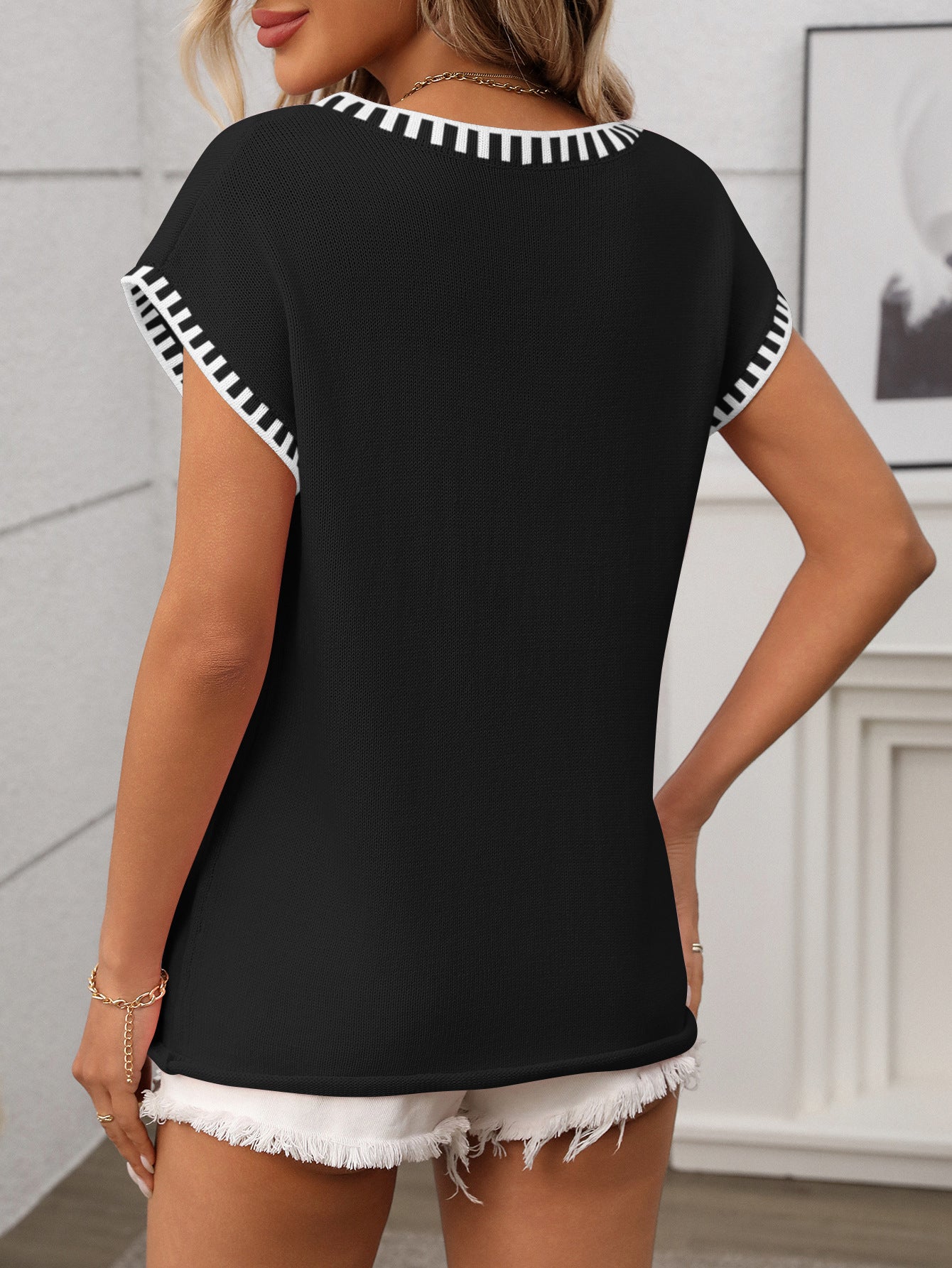 Summer Women Clothing Pullover Short Sleeve V neck Short Sleeve Striped Knitted Sweater