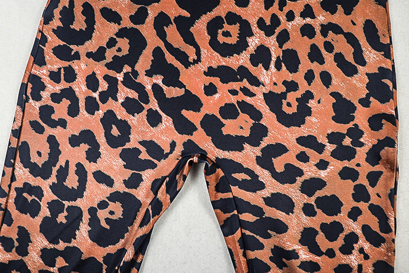 Personality Women Printed Wear Street Office Leopard Print Skinny Jumpsuit Short Sleeve Slim Jumpsuit