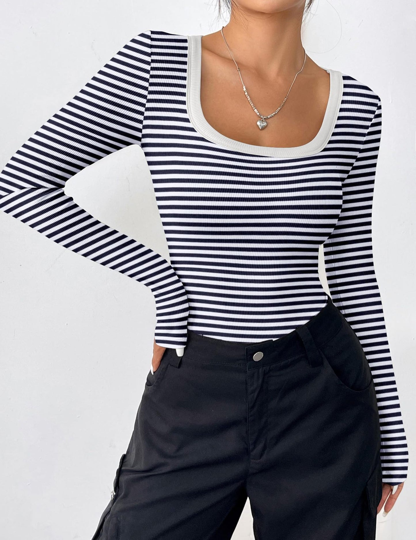 Women Wear Top Striped Slim U Neck Sexy Long Sleeve