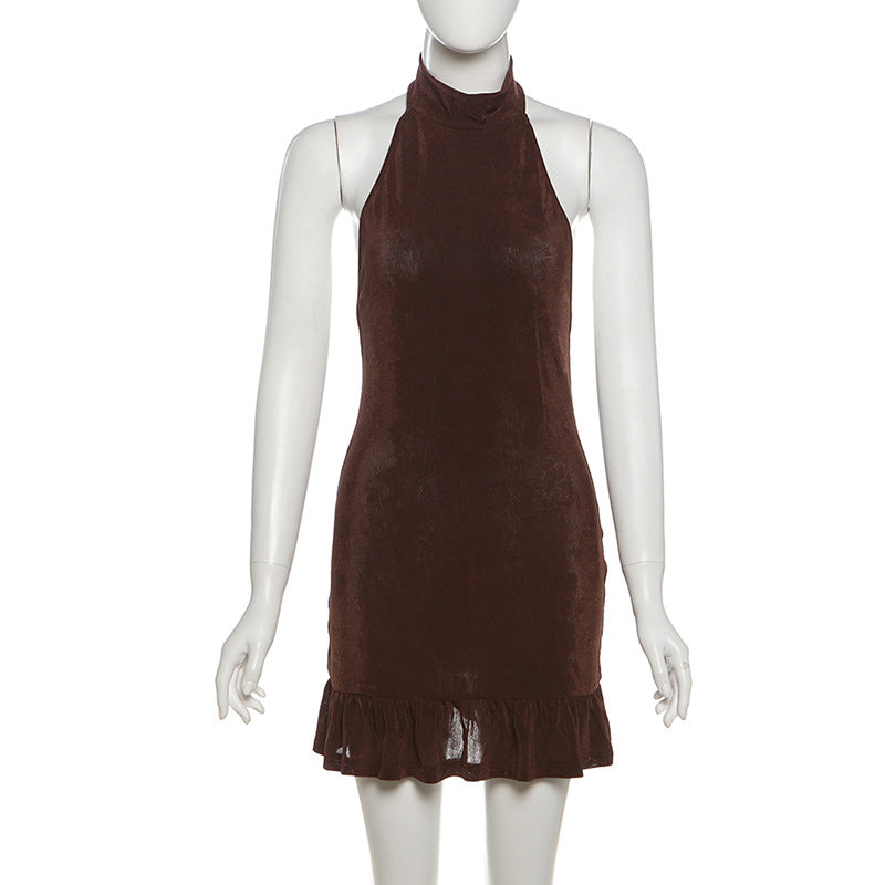 Summer Women Clothing Sexy Halter Solid Color Backless Slim Fit Sheath Dress