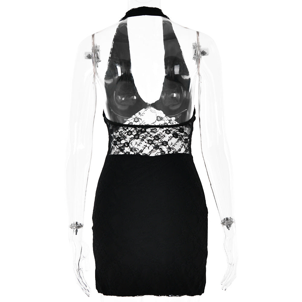 Spring Dress Sexy Trend V neck Halter Lace Stitched Backless Dress